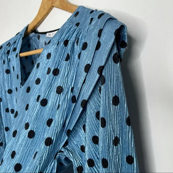 ZARA Blue Polka Dot Crinkle Puff Pleated Shoulder Long Sleeve Mini Dres Sz M NWT
