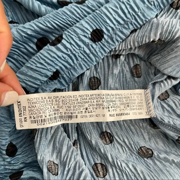 ZARA Blue Polka Dot Crinkle Puff Pleated Shoulder Long Sleeve Mini Dres Sz M NWT