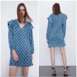 ZARA Blue Polka Dot Crinkle Puff Pleated Shoulder Long Sleeve Mini Dres Sz M NWT