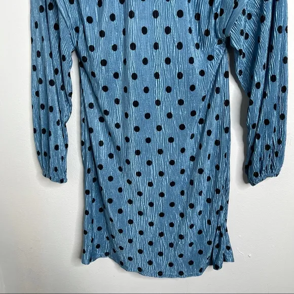 ZARA Blue Polka Dot Crinkle Puff Pleated Shoulder Long Sleeve Mini Dres Sz M NWT