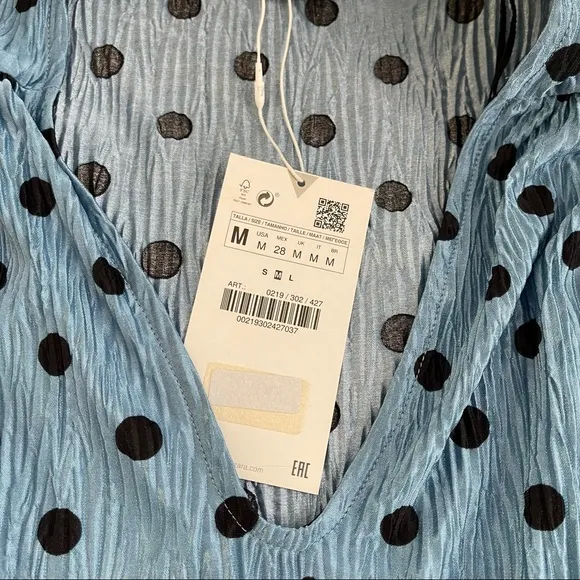 ZARA Blue Polka Dot Crinkle Puff Pleated Shoulder Long Sleeve Mini Dres Sz M NWT