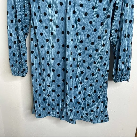 ZARA Blue Polka Dot Crinkle Puff Pleated Shoulder Long Sleeve Mini Dres Sz M NWT