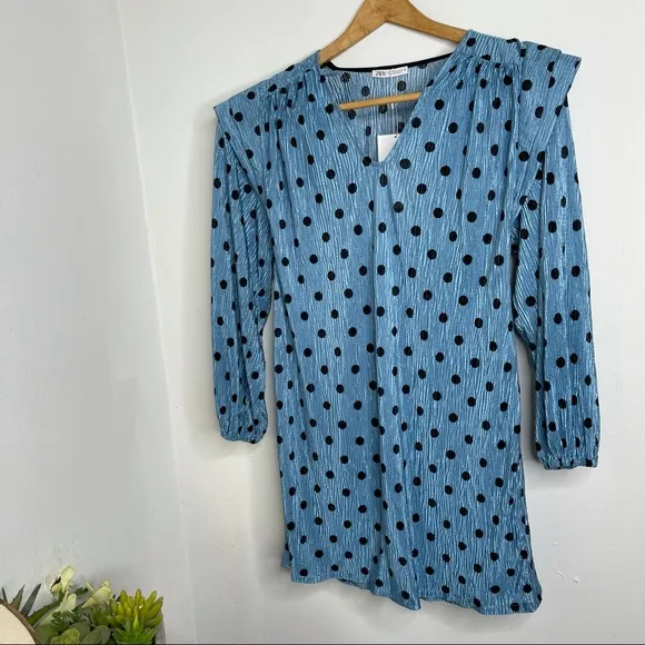 ZARA Blue Polka Dot Crinkle Puff Pleated Shoulder Long Sleeve Mini Dres Sz M NWT