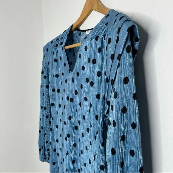 ZARA Blue Polka Dot Crinkle Puff Pleated Shoulder Long Sleeve Mini Dres Sz M NWT