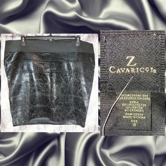 z.Cavaricci brand Blk Faux Leather Crinkle Soft Knit Bandage Pencil Skirt Sz 18