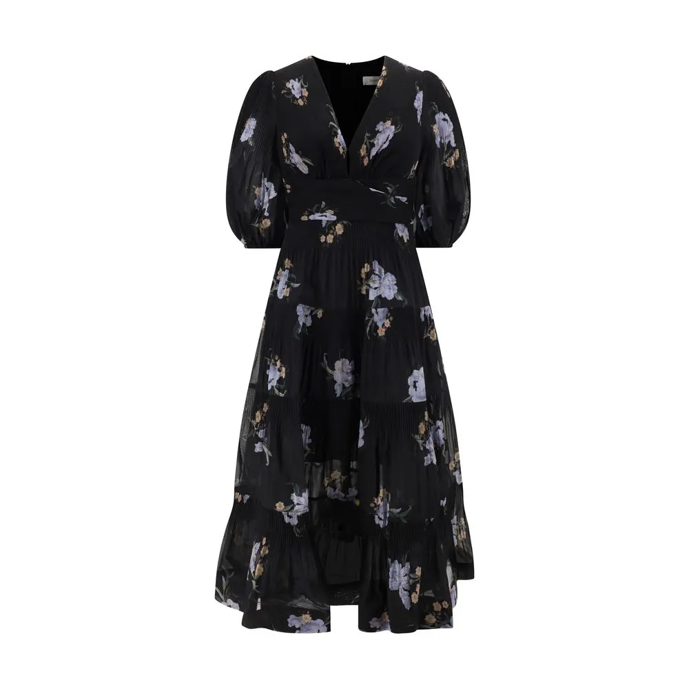 ZIMMERMANN Women Black Dress Fabric Floral Print A-Line Balloon Sleeve Gown Sz 2