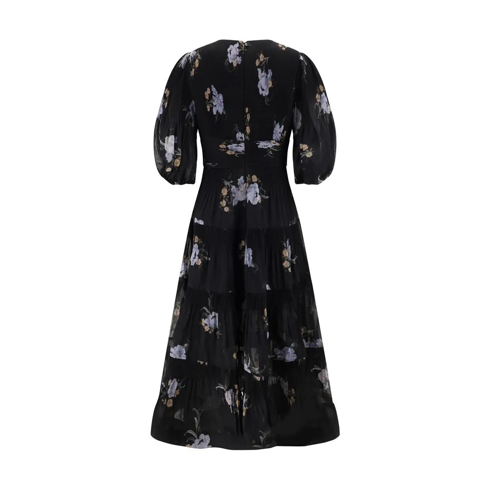 ZIMMERMANN Women Black Dress Fabric Floral Print A-Line Balloon Sleeve Gown Sz 2