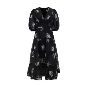 ZIMMERMANN Women Black Dress Fabric Floral Print A-Line Balloon Sleeve Gown Sz 2