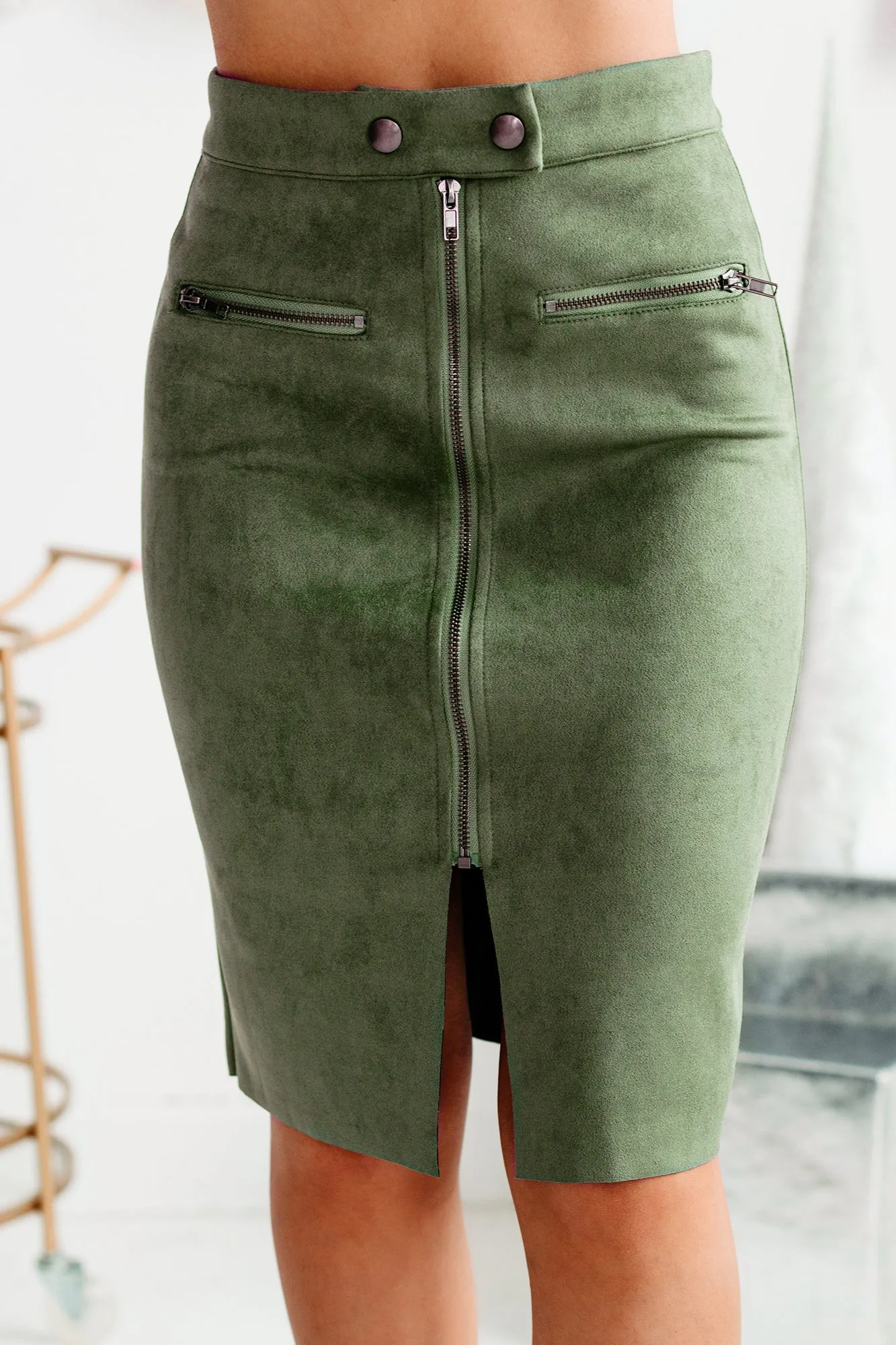 Zip Me Up Faux Suede Zipper Detailed Midi Skirt (Washed Green)