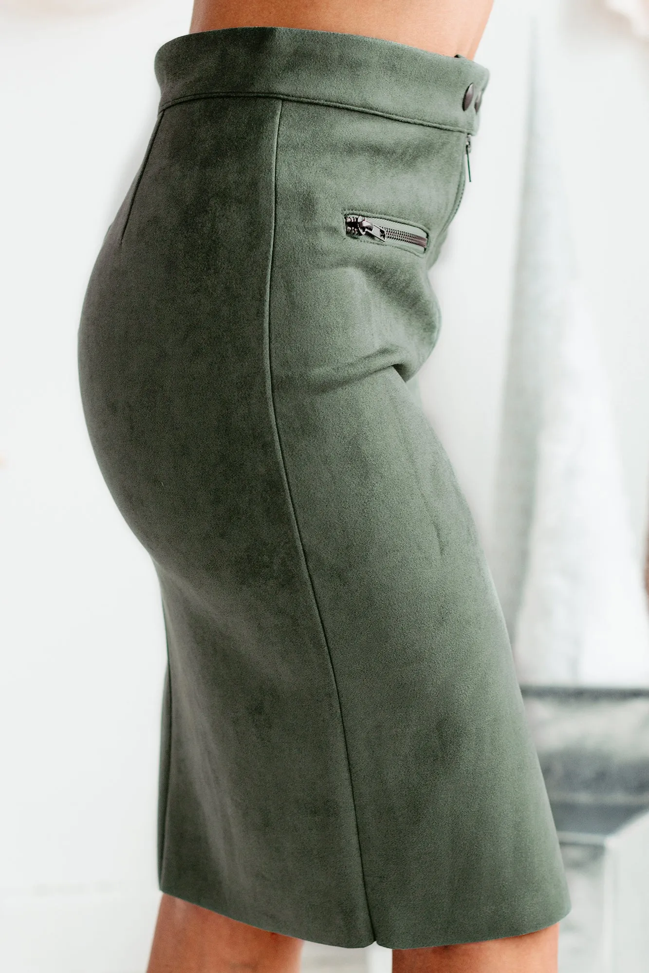 Zip Me Up Faux Suede Zipper Detailed Midi Skirt (Washed Green)