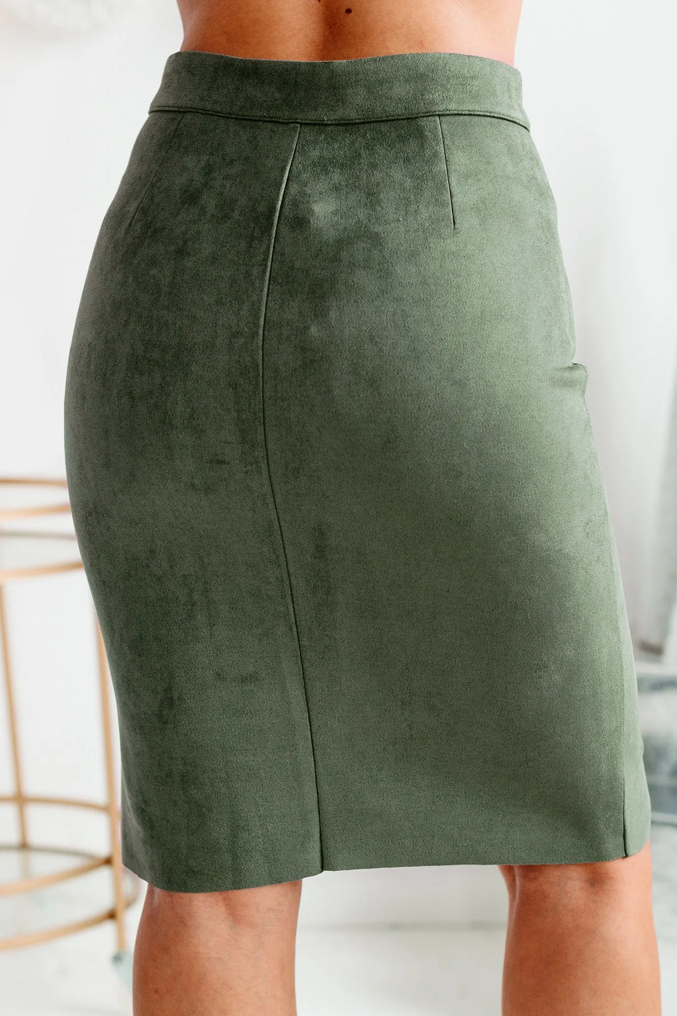 Zip Me Up Faux Suede Zipper Detailed Midi Skirt (Washed Green)
