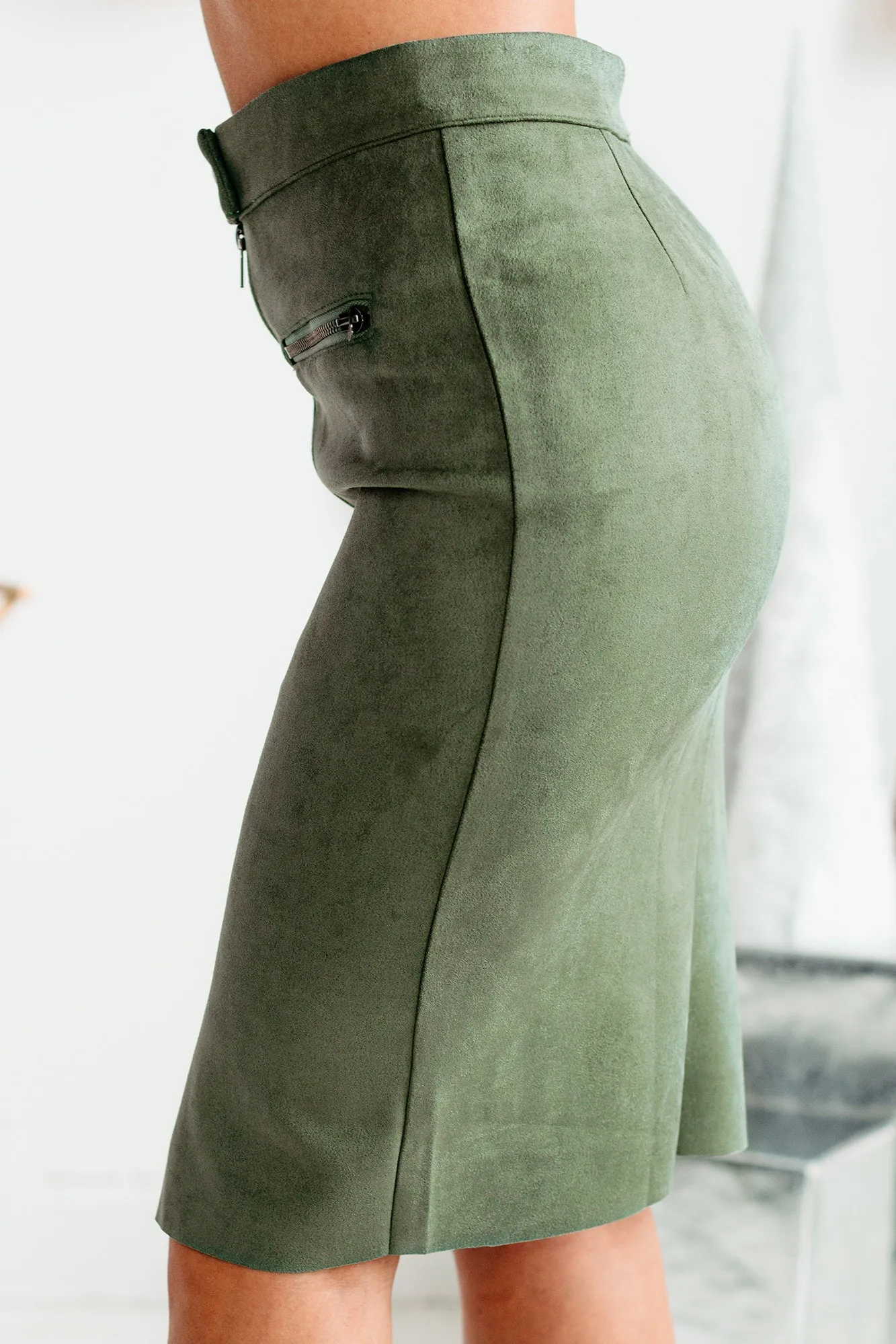 Zip Me Up Faux Suede Zipper Detailed Midi Skirt (Washed Green)